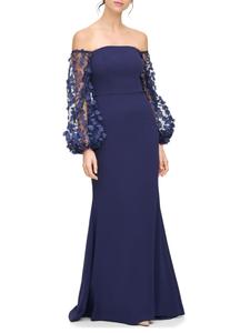 Креповое платье-бандо с цветочными рукавами Eliza J, темно-синий