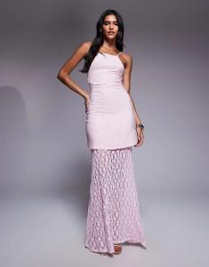 Платье макси ASOS DESIGN с высоким воротом, баской, лифом и кружевной юбкой светло-розового цвета