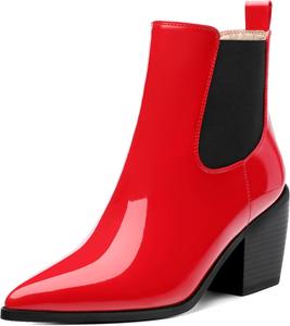 Женские ботильоны FEMSTEP Челси с эластичной вставкой, заостренным носком и высоким устойчивым каблуком, удобные лакированные ботинки на осень для вечеринок, шопинга и свиданий, Red