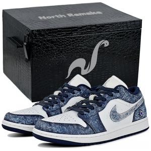 Jordan Кроссовки мужские Air 1 устойчивые к истиранию низкие винтажные баскетбольные синие белые бело-синие в подарочной коробке, цвет White Blue-Gift Box 3