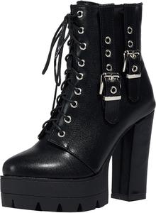 Женские ботинки на платформе с металлической пряжкой, регулируемые шнуровкой, ботинки до щиколотки с грубым каблуком BULVJ, Black