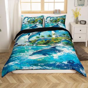 Erosebridal Комплект постельного белья Blue Dolphin с морским принтом для детской комнаты, Blue Green