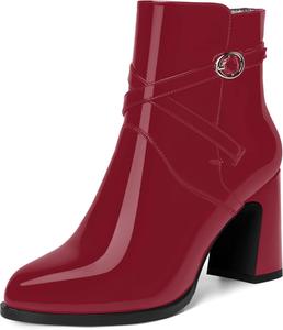 Женские ботильоны WAYDERNS с пряжкой, для свиданий, с круглым носком, лакированные, с ремешком на щиколотке, на устойчивом высоком каблуке 3,3 дюйма, Burgundy