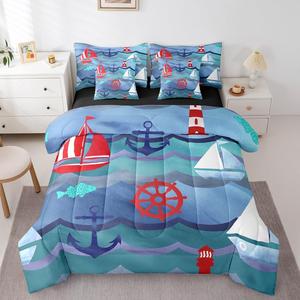 Erosebridal Комплект постельного белья Nautical с морским принтом парусников якорей и маяков в сине-зеленых тонах, Blue Red