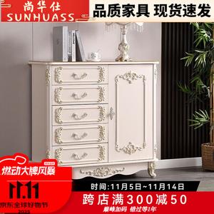 Shang Huashi Комод 100 см для гостиной настенный в современном стиле, кремовый с серебристой окантовкой, из дерева с резьбой