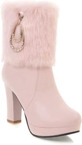 Женские ботильоны VOKLIN на платформе с высоким каблуком, с мехом, закругленным носом и боковой молнией, стильные короткие ботинки, Pink-Velvet Lined