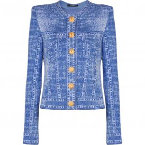 BALMAIN Джинсовый эффект логотип детализированный вязаный кардиган, Blue