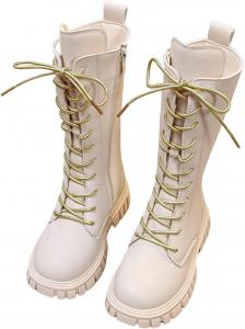 Ботинки для девочек Милая шнуровка Верховые ботинки до середины икры Из искусственной кожи Каблук-ковбой Платформа Круглый носок Модная обувь на осень Generic, E- White