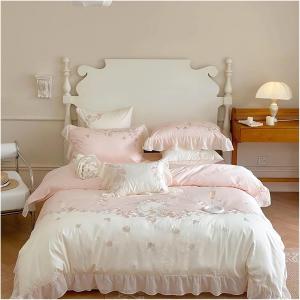 YIZUFU Комплект постельного белья V-intage Romance French Rose с вышивкой цветов и кружевными рюшами из египетского хлопка Pink