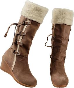 Женские замшевые сапоги до колена, модные, утепленные, с меховой подкладкой, зимние, с кружевами, на танкетке, средние по голени для женщин LJCFSDL, Brown