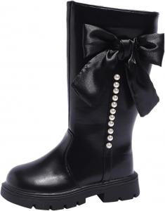 Зимние сапоги до колена для девочек с бантом, утепленные искусственным мехом, с низким каблуком и рифленой подошвой, на молнии сбоку JEUROT, Black-A