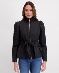 Женская стеганая куртка с пышными рукавами и поясом kensie, Black