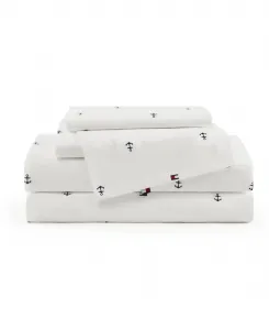 Комплект постельного белья из 3 предметов, изготовленный из хлопкового перкаля с набивным рисунком, плотность ткани 200 TC, размер Twin Tommy Hilfiger, синий