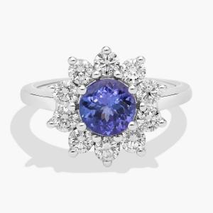 Кольцо с круглым танзанитом и бриллиантовым ореолом из 14-каратного белого золота Blue Nile