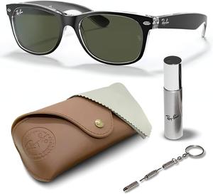 Солнцезащитные очки Ray-Ban RB2132 NEW WAYFARER COLOR MIX квадратной формы для мужчин и женщин в официальном комплекте RAYBAN Eyewear Kit, Matte Black on Transparent Frame | G-15 Green Lens