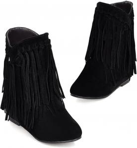 IYZXZYI Женские розовые замшевые сапоги Fringe, высокие сапоги вестерн с кисточками, заостренный носок, модные слипоны