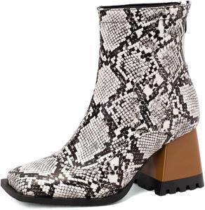 Женские ботильоны с квадратным носком, массивным каблуком и высокой пяткой, на щиколотку, с молнией сзади, модные зимние элегантные короткие ботинки JOEUSTY, Snakeskin-Velvet Lined