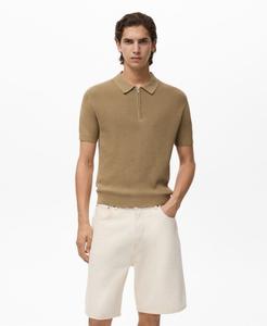 Мужская вязаная рубашка-поло с ажурной застежкой-молнией MANGO, Beige