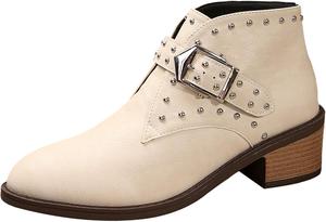 Женские кожаные ботильоны с заостренным носком, низким массивным каблуком, ремешком с заклепками и пряжкой, вестерн-стиль, осенние обувные туфли QIJOZXN, Beige