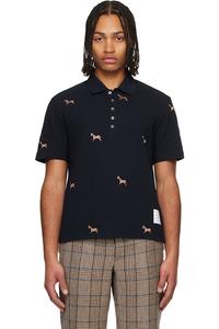 Поло с коротким рукавом и вышивкой в виде полуспуска лошади Thom Browne, темно-синий