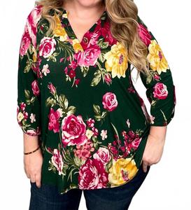 Флоральный топик Gabby с воротником-мандарин в лесном зеленом Honeyme