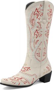 Женские ковбойские сапоги Quimeir средней длины, с вышитым массивным каблуком, для девочек, Off White3