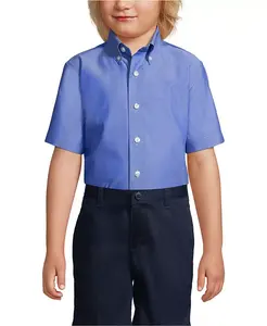 Рубашка для мальчиков с коротким рукавом Big Boys, не требующая глажки, из тонкой ткани Pinpoint Lands' End, синий