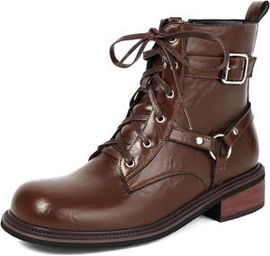 Женские западные плоские боевые ботильоны на шнуровке с молнией, с круглым носком, низким каблуком, осенние короткие мотоциклетные ботинки JOEUSTY, Brown