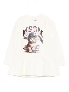 Платье с кошачьим принтом и оборками MSGM Kids, нейтральный