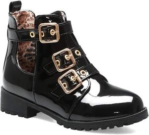 Женские ботильоны VOKLIN с круглым носком, низким каблуком, модной пряжкой, ремешками и молнией, короткие стильные боевые ботинки, Black-Velvet Lined