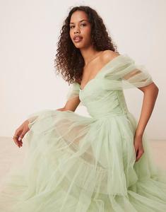 Платье макси с открытыми плечами, кружевом и бисером, асимметричное, из тюля, в цвете шалфея Lace & Beads