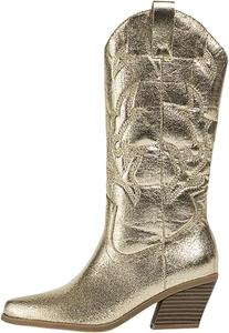 Женские ковбойские сапоги, металлическая отделка, средняя голень, вышивка, блестящие, широкий голень, массивный каблук Generic, Gold