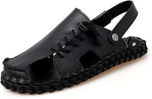 Мужские летние спортивные сандалии с противоскользящей подошвой, классические кожаные, ручная прошивка, модные, удобные шлепанцы, для активного отдыха, походов, рыбалки и пляжа Generic, черный