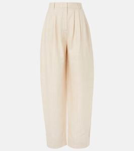 Льняные брюки с бутылочным кроем и полосками Lucille Posse, Beige Pinstripe