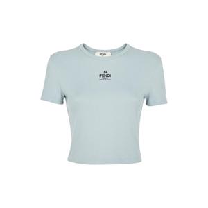 Футболка кроп с вышитым логотипом FENDI, светло-голубой