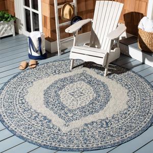 Ковер SAFAVIEH, 201 x 201 см, Washable Rug Outdoor Courtyard Collection, круглый, Light Grey & Blue, без линьки и легкий в уходе, идеален для патио, заднего двора, прихожей (CY8751-36812)