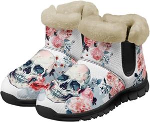 Сапожки с черепом для женщин и мужчин, водонепроницаемые, теплые, пушистые, ботильоны на зиму, для улицы, против скольжения, размеры США 6-12 Pointodoor, Skull Watercolor Flower