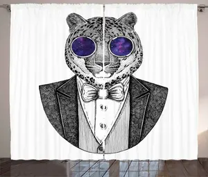 Штора ABAKUHAUS Jaguar в деревенском стиле, хипстерское животное в костюме, присборенная штора для спальни с петлями и крючками, 280 x 245 см, цвет: белый, серый, фиолетовый Abakuhaus