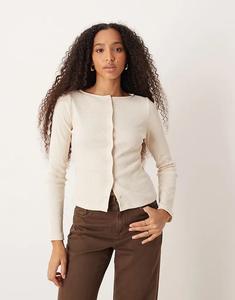 Кардиган ASOS DESIGN с широким вырезом и отделкой в ​​рубчик, овсяный цвет