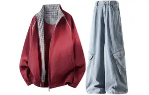 Повседневная спортивная одежда Unisex с воротником стойкой умеренная X1617, красный top+синий pants