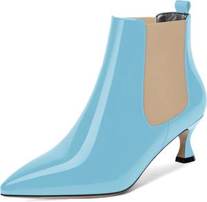 Женские офисные ботильоны WAYDERNS с острым носком, милой резинкой, лакированной поверхностью, низким каблуком-китен 2 дюйма, Beige Light Blue