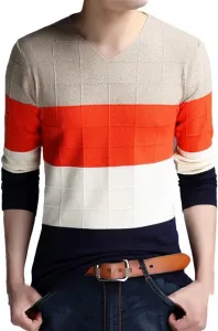 Мужской свитер с длинным рукавом, V-образным вырезом и полоской внизу