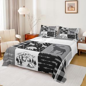 Erosebridal Комплект постельного белья Hunting Deer в стиле кантри с принтом дикой природы, клетка и пэчворк, черно-серый, Multi 17