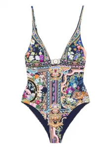 Купальник с застежкой и принтом в стиле барокко Camilla, синий