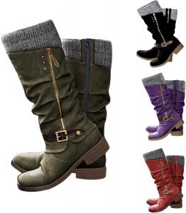 Женские высокие сапоги до колена для широкой голени, средние сапоги с вязаной манжетой с драпировкой, зимние ботинки на молнии сбоку, винтажные сапожки с низким каблуком, мотоциклетные, с круглым носком, удобные высокие сапоги Generic, A4-Green