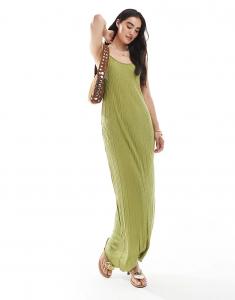 Платье макси Vero Moda из плиссированного джерси с асимметричным подолом оливково-зеленого цвета