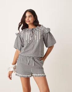 Блузка в клетку с присборенными рукавами-фонариками, черного цвета Neon Rose