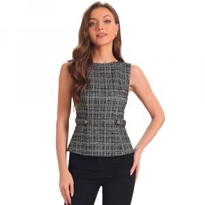 Твидовый топ для женщин, элегантный клетчатый пиджак с круглым вырезом и пряжкой на спине, пиджак на молнии, жилет ALLEGRA K, черный