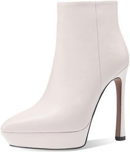 Женские ботильоны TinaCus ручной работы из натуральной кожи с платформой, боковой молнией, заостренным носком и высоким каблуком-стилет, Beige Heel 3.95"