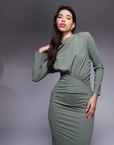 Оливковое платье макси со сборками Daska